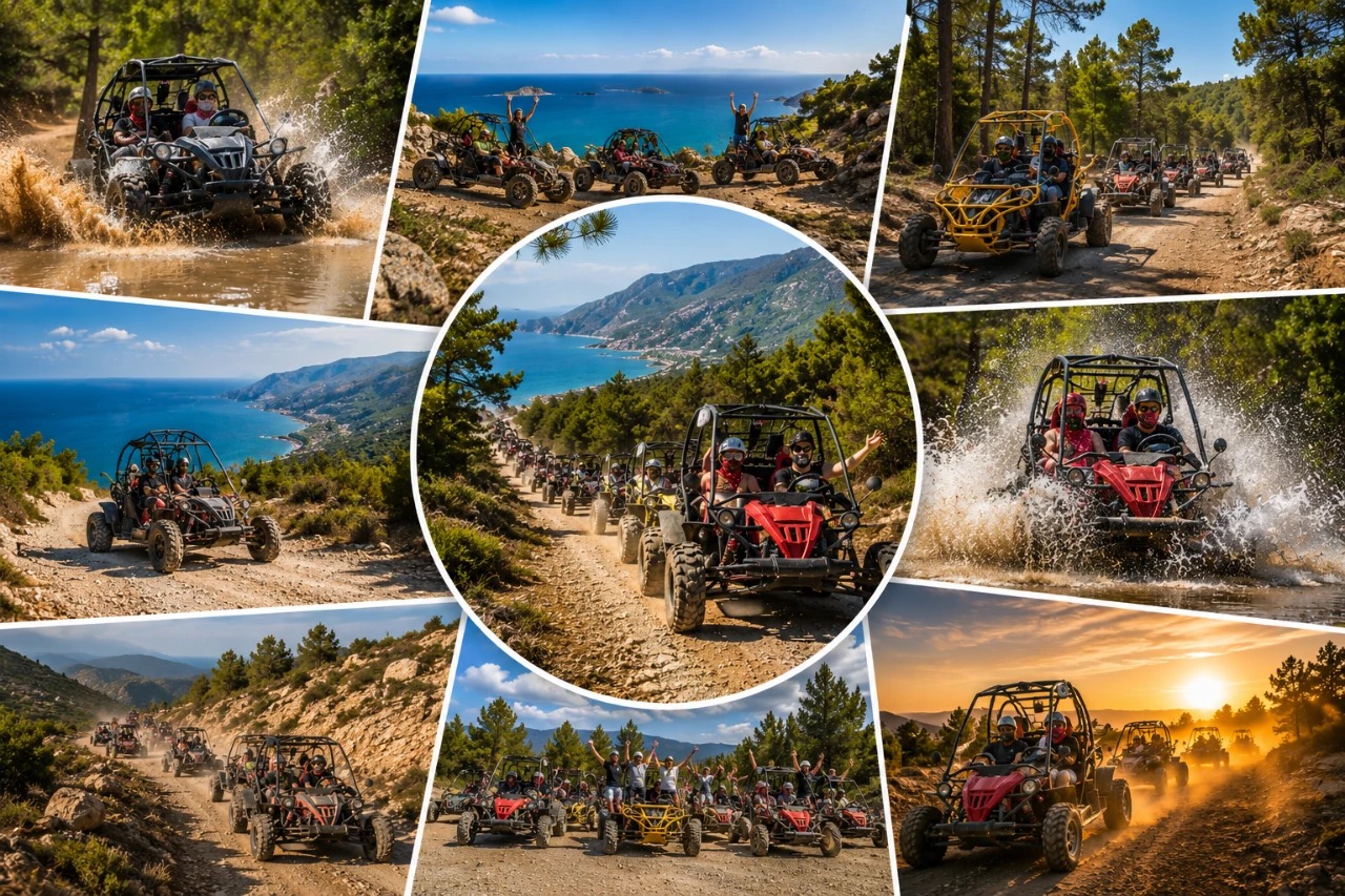 Alanya buggy safari turunda Toros Dağları'ndaki tozlu orman yolunda ilerleyen buggy araçları