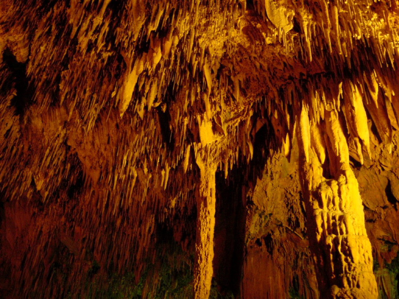 Opplyste stalaktitter og stalagmitter inne i Damlatas-hulen i Alanya